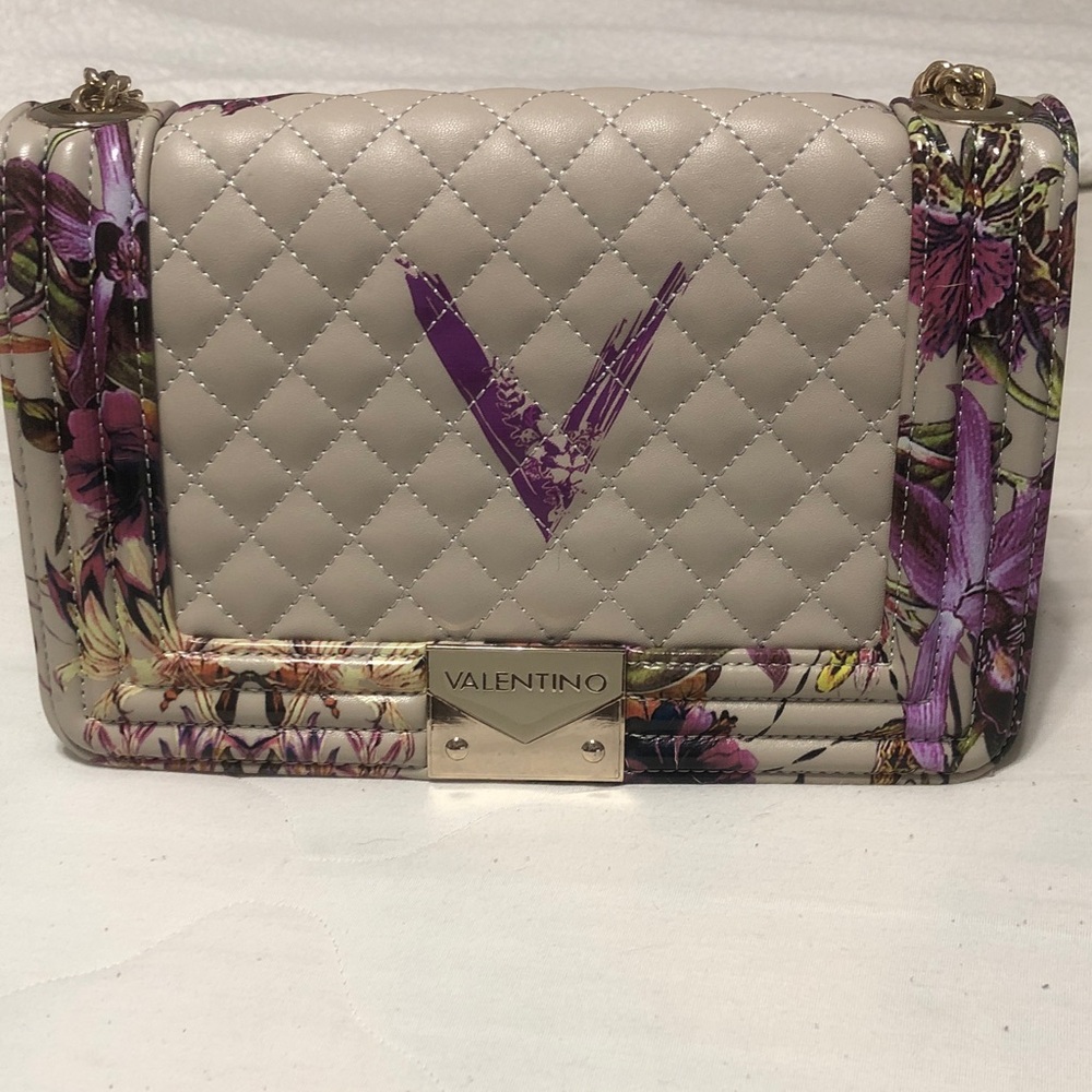 Valentino Quilted Floral Leather Shoulder Bag in Cream & Purple